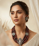 Maa Durga Oxidized Silver Motif Fabric Choker Necklace Set with Matching Studs