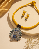 Handmade Yellow Thread Choker Set | Oxidized Silver Peacock Pendant with Blue & Green Stones