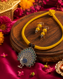 Handmade Yellow Thread Choker Set | Oxidized Silver Peacock Pendant with Blue & Green Stones