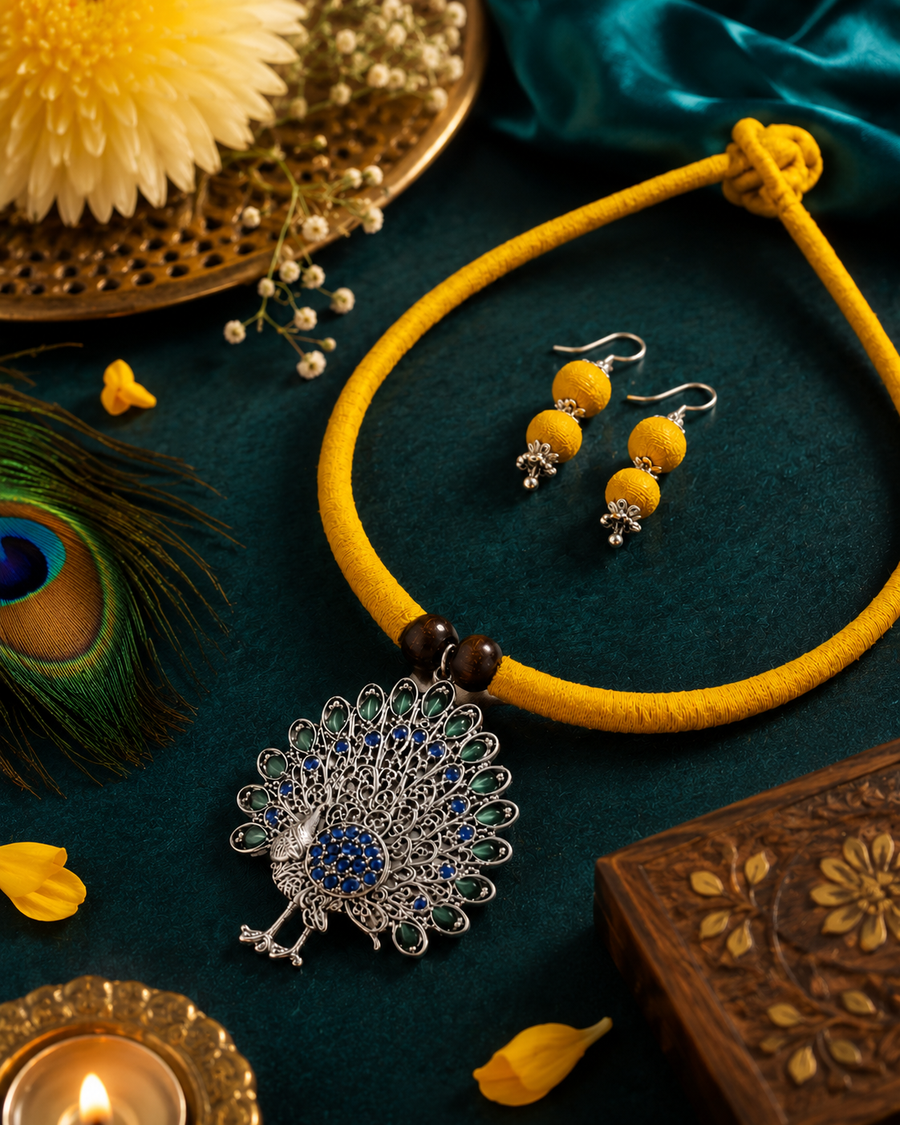 Handmade Yellow Thread Choker Set | Oxidized Silver Peacock Pendant with Blue & Green Stones