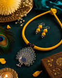 Handmade Yellow Thread Choker Set | Oxidized Silver Peacock Pendant with Blue & Green Stones