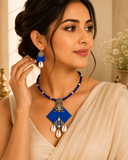 Handmade Royal Blue Fabric & Cowrie Shell Choker Set | Oxidized Silver Deity Pendant Tribal Jewelry