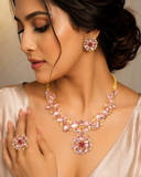 Blush Pink Crystal Floral Statement Necklace Set with Earrings & Ring