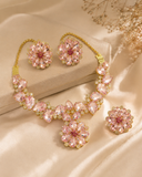 Blush Pink Crystal Floral Statement Necklace Set with Earrings & Ring