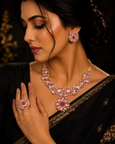 Blush Pink Crystal Floral Statement Necklace Set with Earrings & Ring