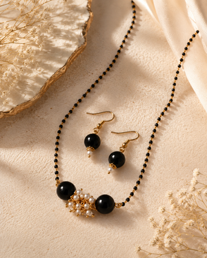 Traditional Black Bead Mangalsutra Necklace Set with Pearl Cluster & Earrings