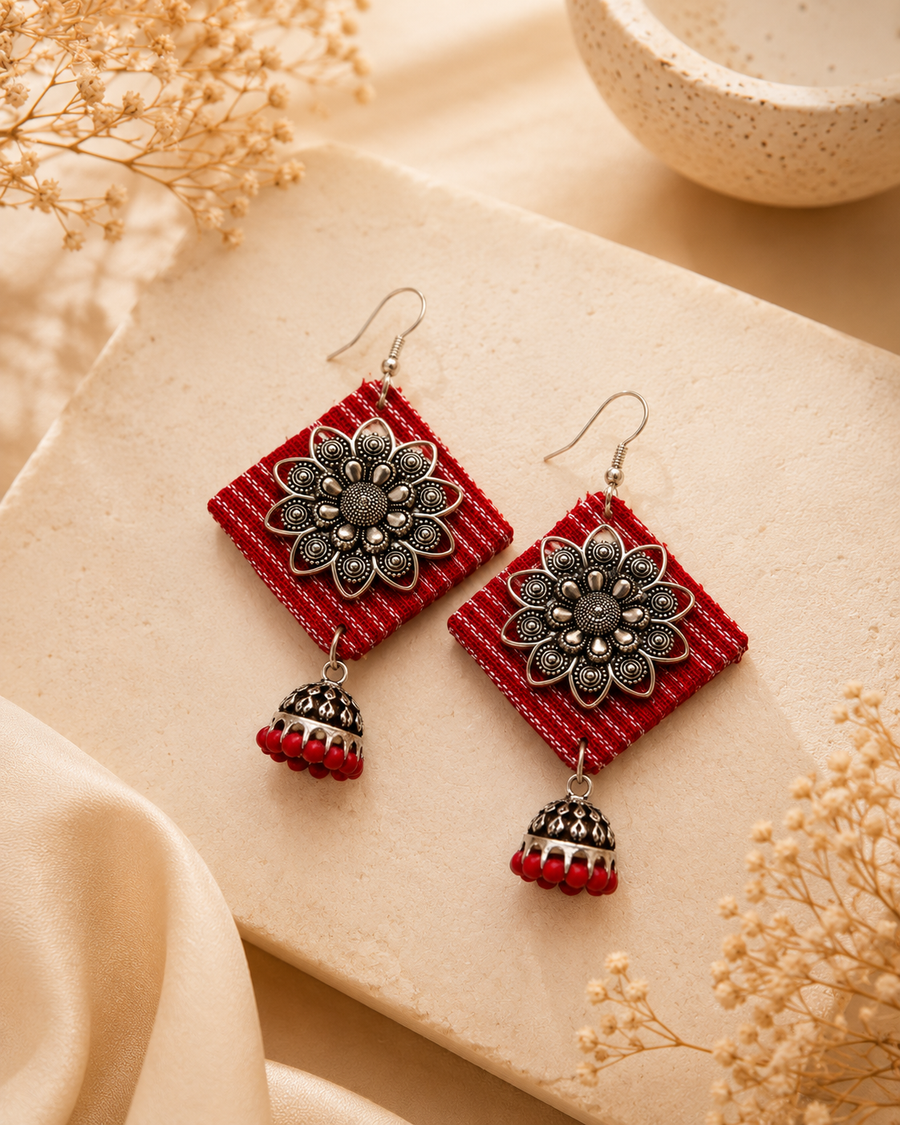 Crimson Bloom Fabric Earrings