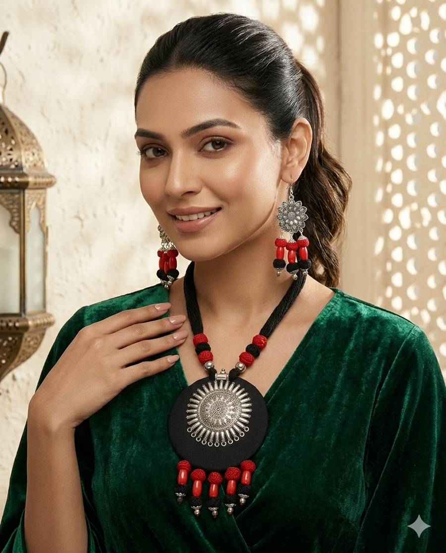 Handmade Ethnic Sunburst Statement Necklace & Earring Set | Red & Black Thread with Oxidized Silver Accents