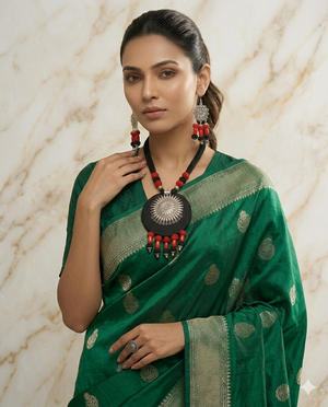 Handmade Ethnic Sunburst Statement Necklace & Earring Set | Red & Black Thread with Oxidized Silver Accents