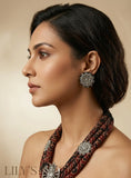 Maa Durga Oxidized Silver Motif Fabric Choker Necklace Set with Matching Studs