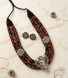 Maa Durga Oxidized Silver Motif Fabric Choker Necklace Set with Matching Studs