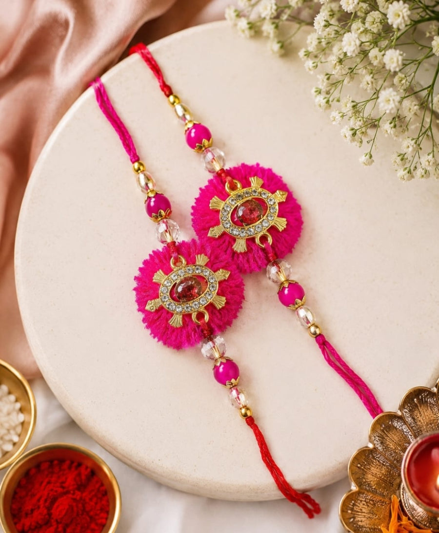 Premium Designer Crystal Rakhi Set | Handmade Pink Raksha Bandhan Rakhi