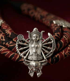 Maa Durga Oxidized Silver Motif Fabric Choker Necklace Set with Matching Studs